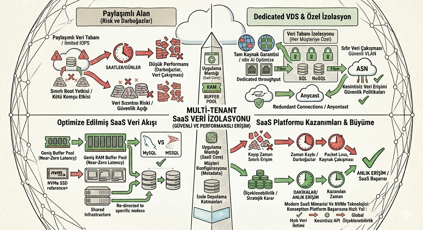Multi-tenant SaaS altyapısı — veri izolasyonu ve kurumsal güvenlik görseli